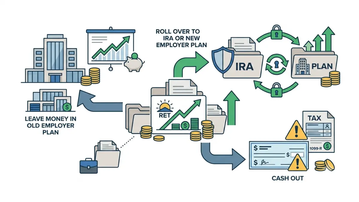 Find an Old 401(k) illustration comparing the three main options after recovering a retirement account: leave it invested, roll it into an IRA or new 401(k), or cash it out.