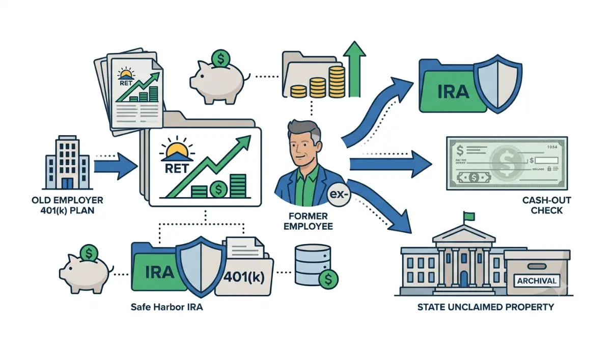 Find an Old 401(k) infographic illustrating the four possible destinations of a forgotten retirement account, including an employer plan, Safe Harbor IRA, cash-out check, and state unclaimed property.
