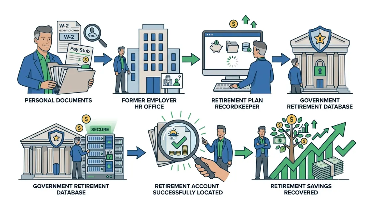 Find an Old 401(k) step-by-step workflow showing how to locate forgotten retirement savings using employer records, government databases, and retirement plan administrators.