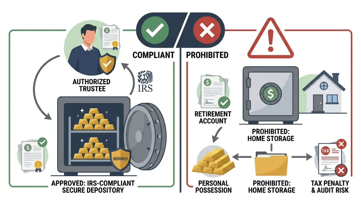 gold IRA comparison showing IRS-approved depository storage versus prohibited home storage in a professional compliance illustration