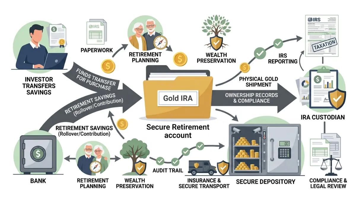 gold IRA workflow illustrating how the dealer, custodian and depository each perform different responsibilities within the retirement investment process