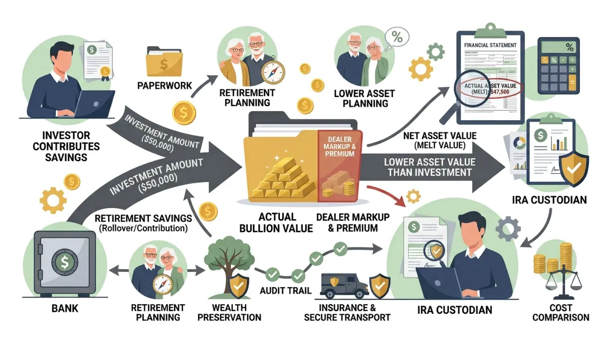 gold IRA illustration explaining how dealer markups reduce the initial bullion value shown on the first custodian statement