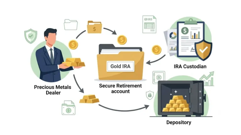 gold IRA ecosystem showing the relationship between a precious metals dealer, IRA custodian, secure depository and investor in a professional financial vector illustration