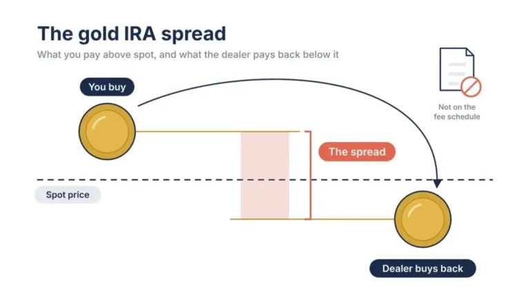 A dealer sells a gold coin above spot and buys it back below spot, the Gold IRA spread no fee schedule shows