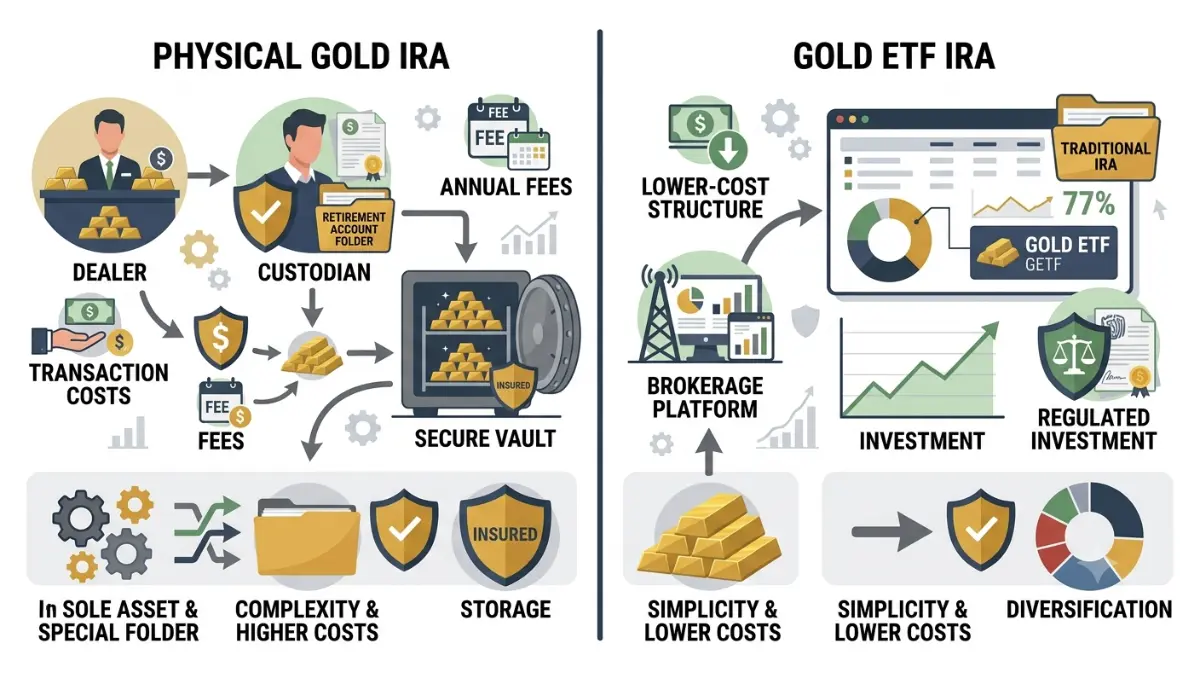 gold IRA compared with a Gold ETF to illustrate differences in storage, fees, ownership structure and retirement investing