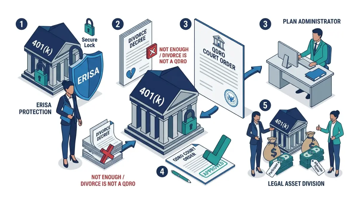 QDRO process illustration showing why a divorce decree alone cannot divide a protected 401(k) retirement account