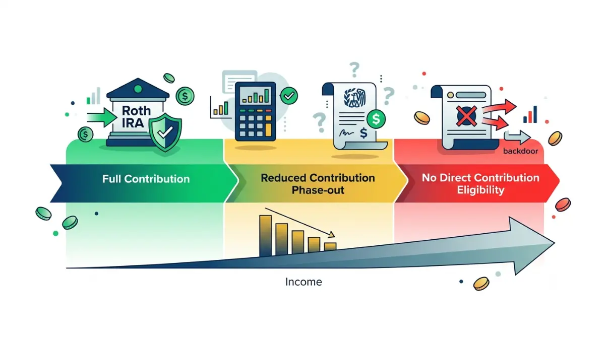 Roth IRA eligibility phase-out illustration showing full contribution, reduced contribution, and no contribution income ranges