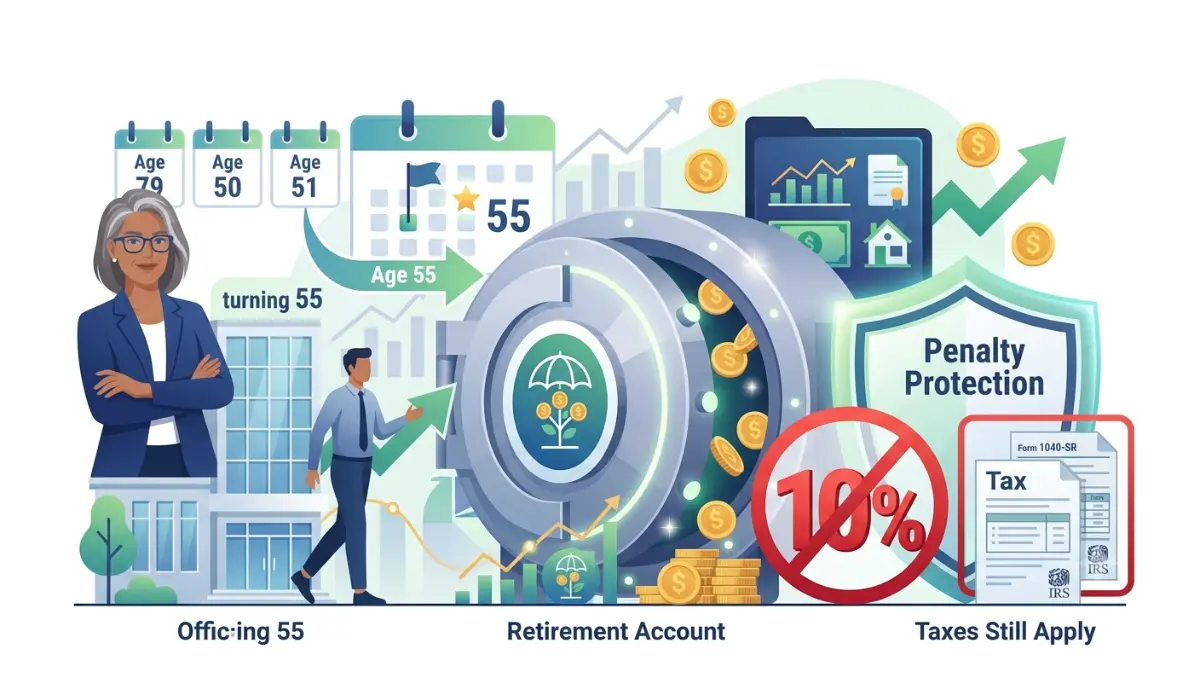 rule of 55 visual explaining how penalty-free 401(k) withdrawals work after separating from an employer at age 55