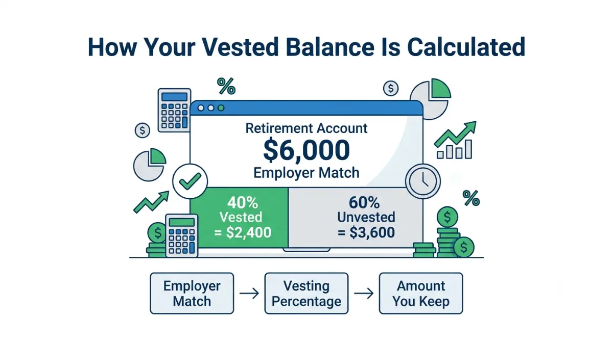 401(k) Vesting calculation showing vested balance, unvested balance, employer match, and retirement savings example