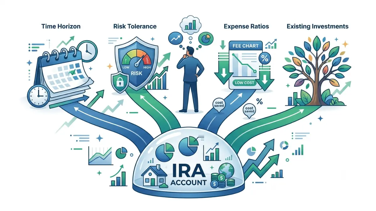 IRA Investments decision process showing time horizon, risk tolerance, investment costs, diversification, and portfolio selection on a pure white background