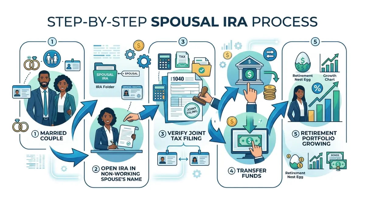 spousal IRA step-by-step illustration showing how to open and fund an IRA for a non-working spouse