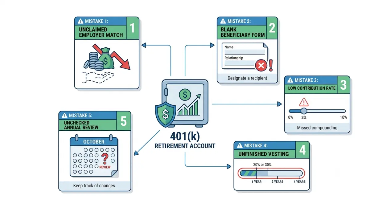 How to set up a 401(k) while avoiding common enrollment mistakes such as missing employer match, skipping beneficiary designation, low contribution rates, vesting misunderstandings, and failing annual reviews.