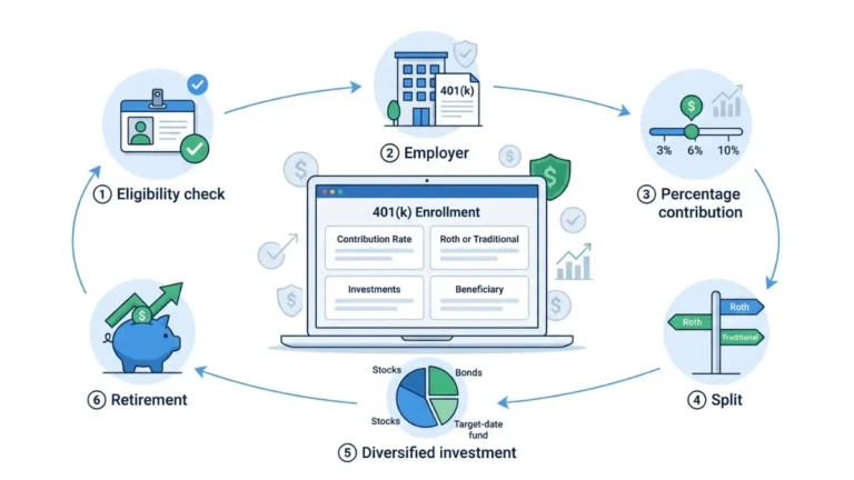How to set up a 401(k) illustrated with a complete enrollment workflow showing eligibility, contribution rate, Roth vs. Traditional choice, investments, beneficiary setup, and retirement savings growth.