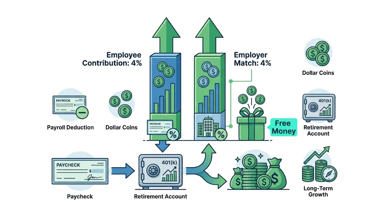 How to set up a 401(k) by understanding employer match, contribution percentages, payroll deductions, and retirement savings growth through matching contributions.