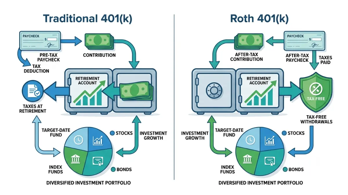 How to set up a 401(k) by comparing Roth and Traditional contribution options alongside diversified investment choices including target-date funds, stocks, and bonds.
