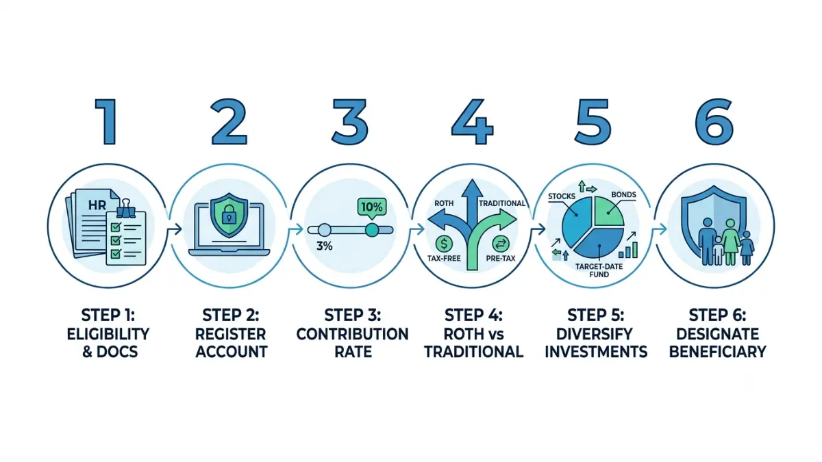 How to set up a 401(k) with a six-step enrollment process illustrating eligibility, account creation, contribution selection, Roth or Traditional choice, investment selection, and beneficiary designation.