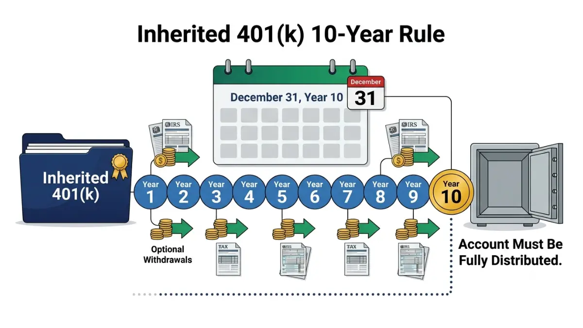 Inherited 401(k) 10-year distribution timeline illustrating yearly withdrawals and final account distribution deadline