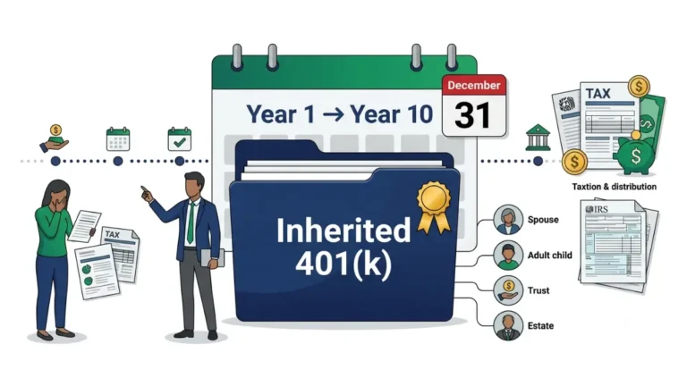Inherited 401(k) 10-year rule timeline showing beneficiary withdrawal deadlines, tax planning, and retirement account distribution options