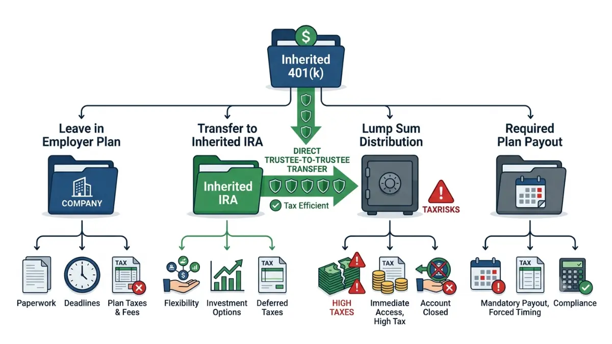 Inherited 401(k) beneficiary distribution options including inherited IRA transfer, employer plan, and lump sum choices