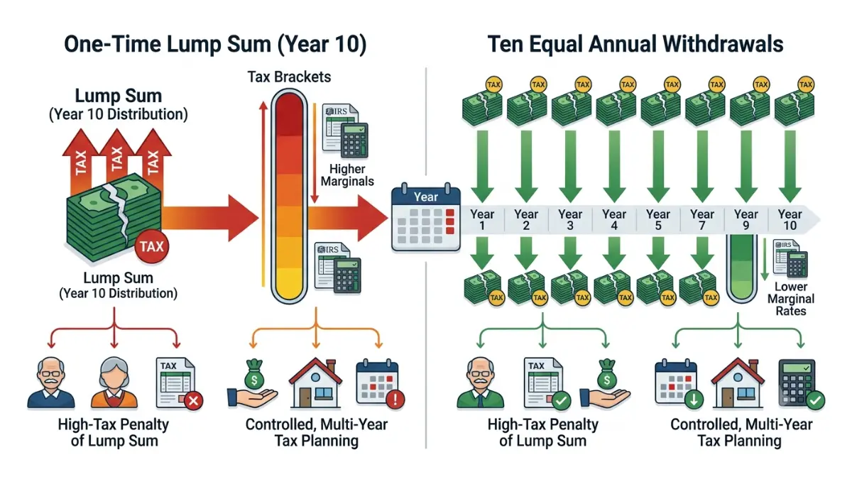 Inherited 401(k) lump sum versus annual withdrawals comparison illustrating long-term tax planning strategies