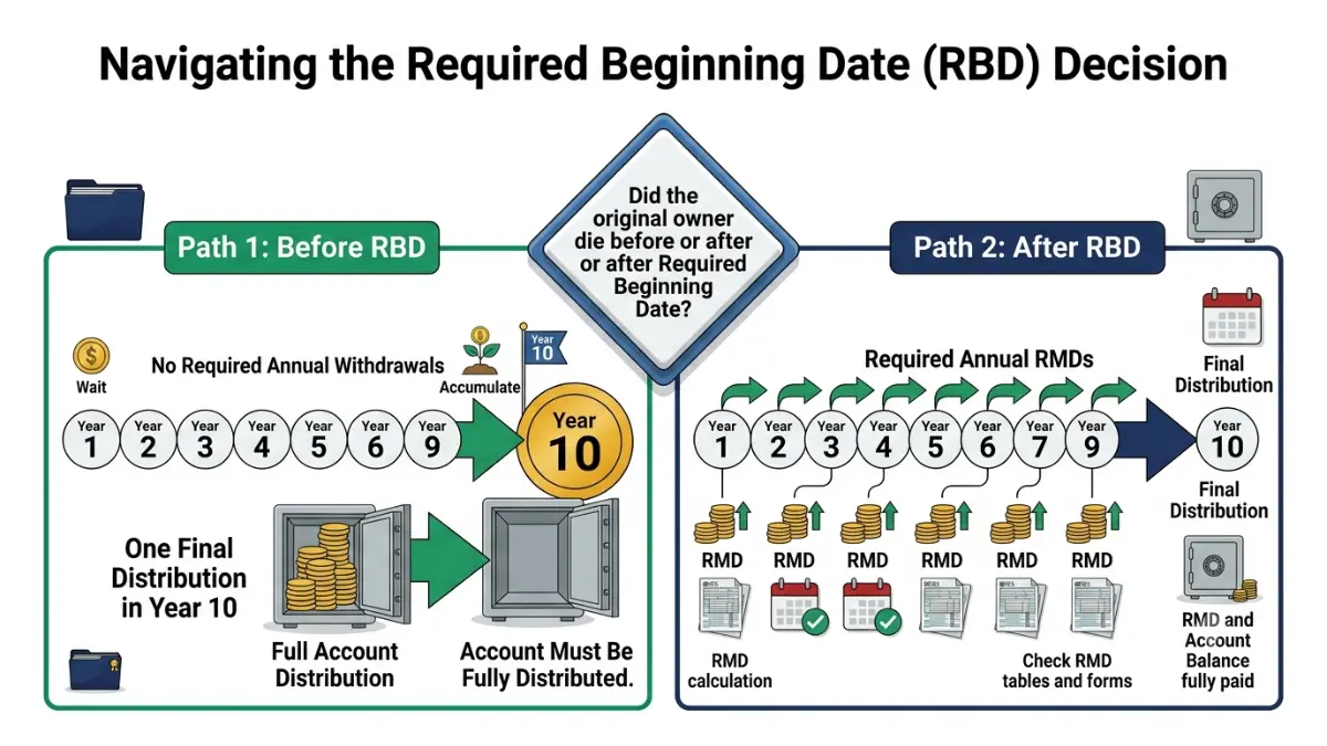 Inherited 401(k) required beginning date comparison showing before RBD and after RBD annual withdrawal rules
