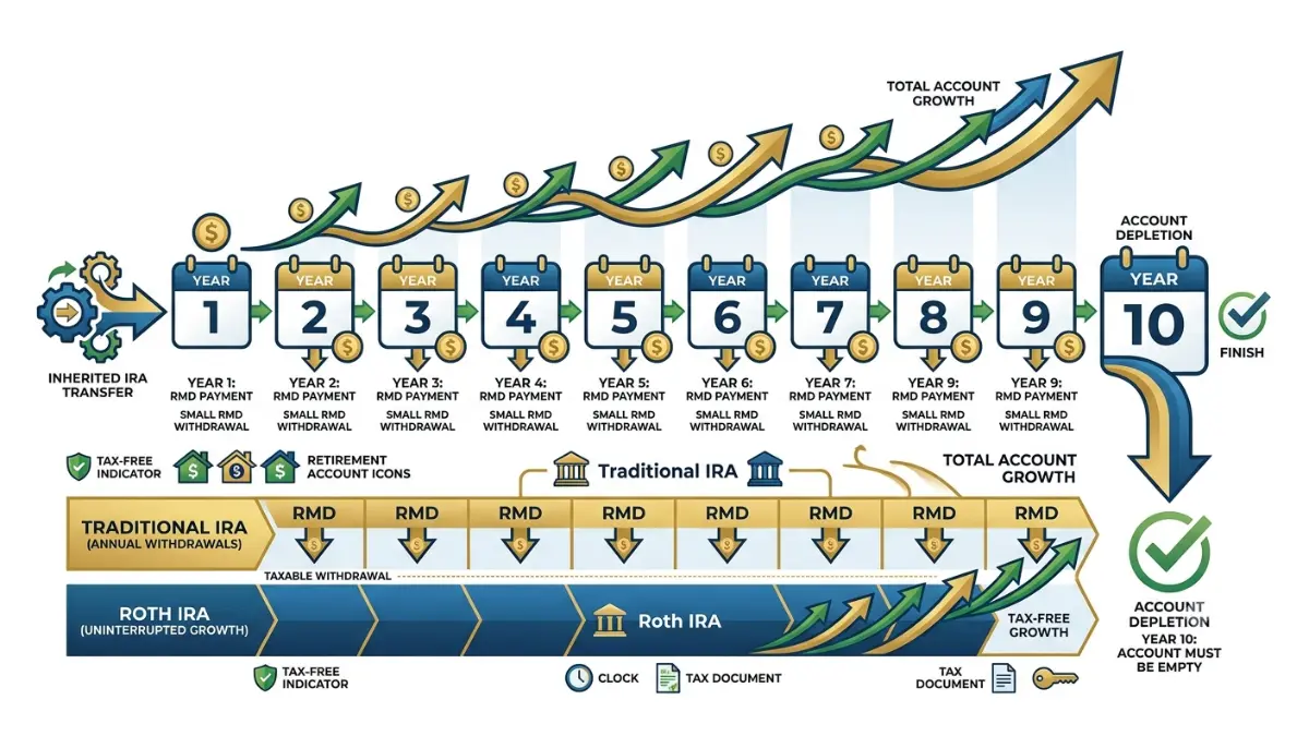 Inherited IRA 10-Year Rule timeline illustrating annual distribution requirements, final withdrawal deadline, and Roth IRA comparison on a pure white background.