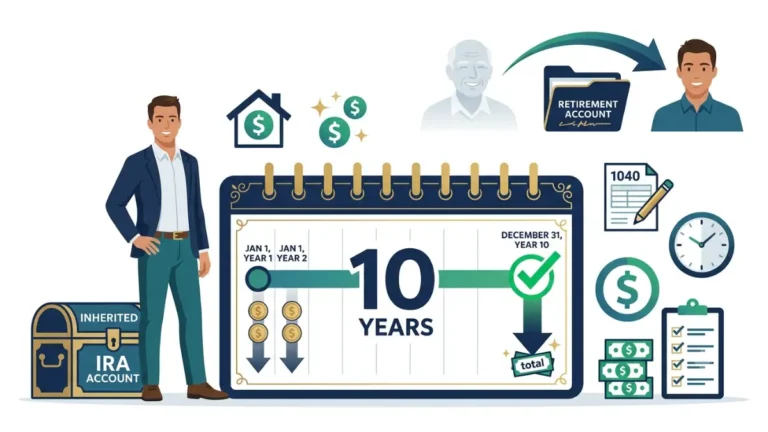 Inherited IRA 10-Year Rule illustrated with a beneficiary receiving an inherited IRA, a 10-year withdrawal timeline, and retirement account transfer on a pure white background.