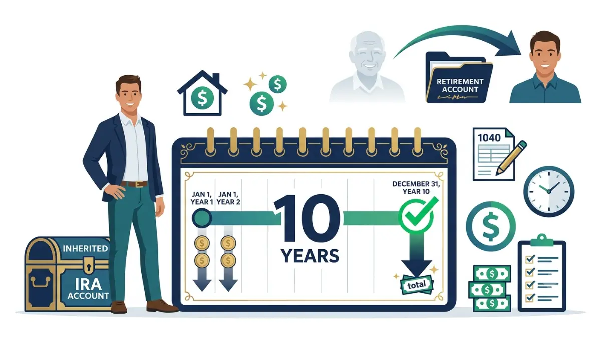 Inherited IRA 10-Year Rule illustrated with a beneficiary receiving an inherited IRA, a 10-year withdrawal timeline, and retirement account transfer on a pure white background.