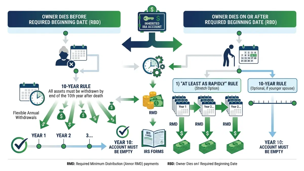 Inherited IRA 10-Year Rule decision tree showing whether annual withdrawals are required based on the original owner's required minimum distribution status on a pure white background.