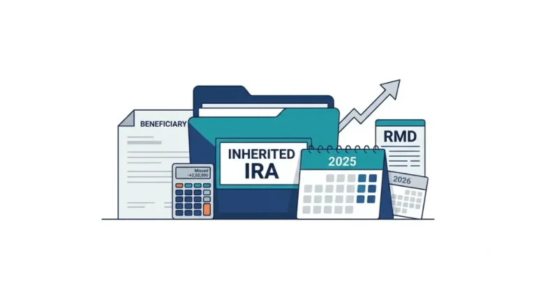 Inherited IRA RMD guide showing a retirement account, 2025 calendar, calculator, and beneficiary documents