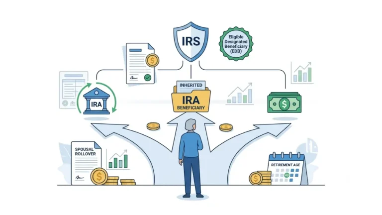 Inherited IRA Spouse Rules illustrated with the three options available to a surviving spouse after inheriting an IRA, including spousal rollover, remaining a beneficiary, or taking distributions.