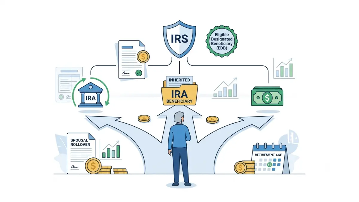 Inherited IRA Spouse Rules illustrated with the three options available to a surviving spouse after inheriting an IRA, including spousal rollover, remaining a beneficiary, or taking distributions.