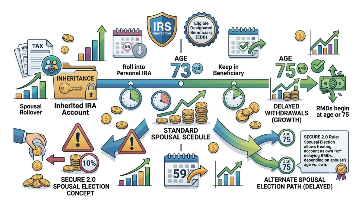 Inherited IRA Spouse Rules timeline illustrating required minimum distribution ages, delayed withdrawals, and the SECURE 2.0 spousal election strategy.