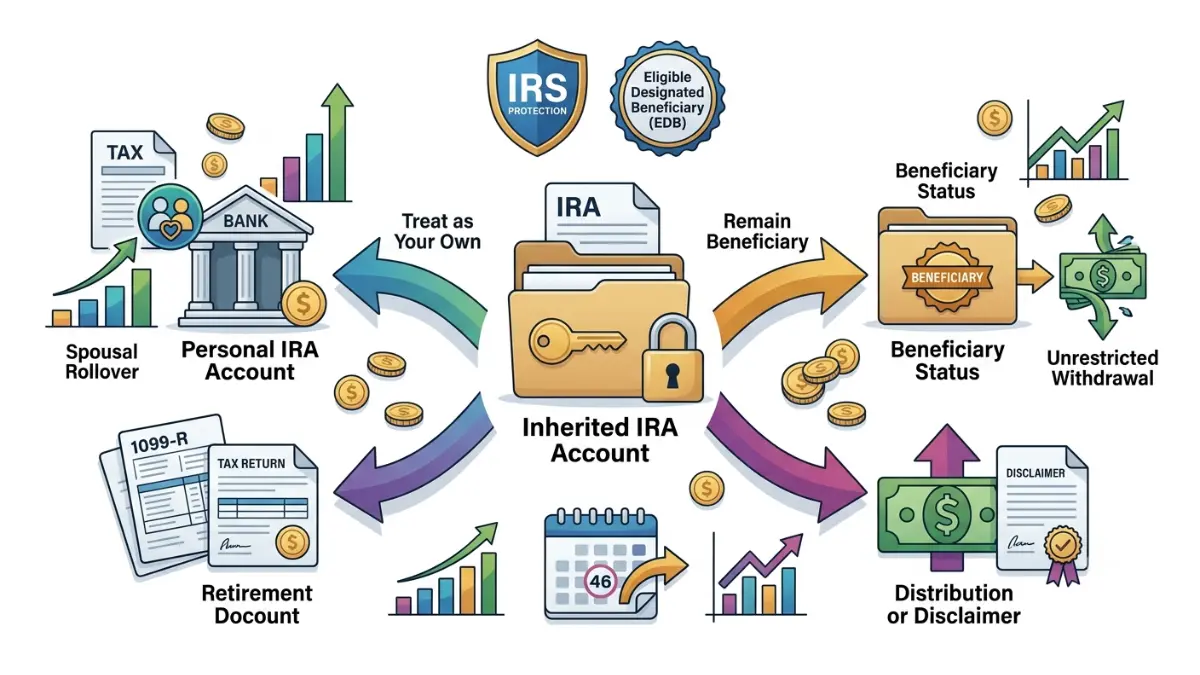 Inherited IRA Spouse Rules comparison showing the three main options for surviving spouses, including spousal rollover, inherited beneficiary status, and cash distribution choices.