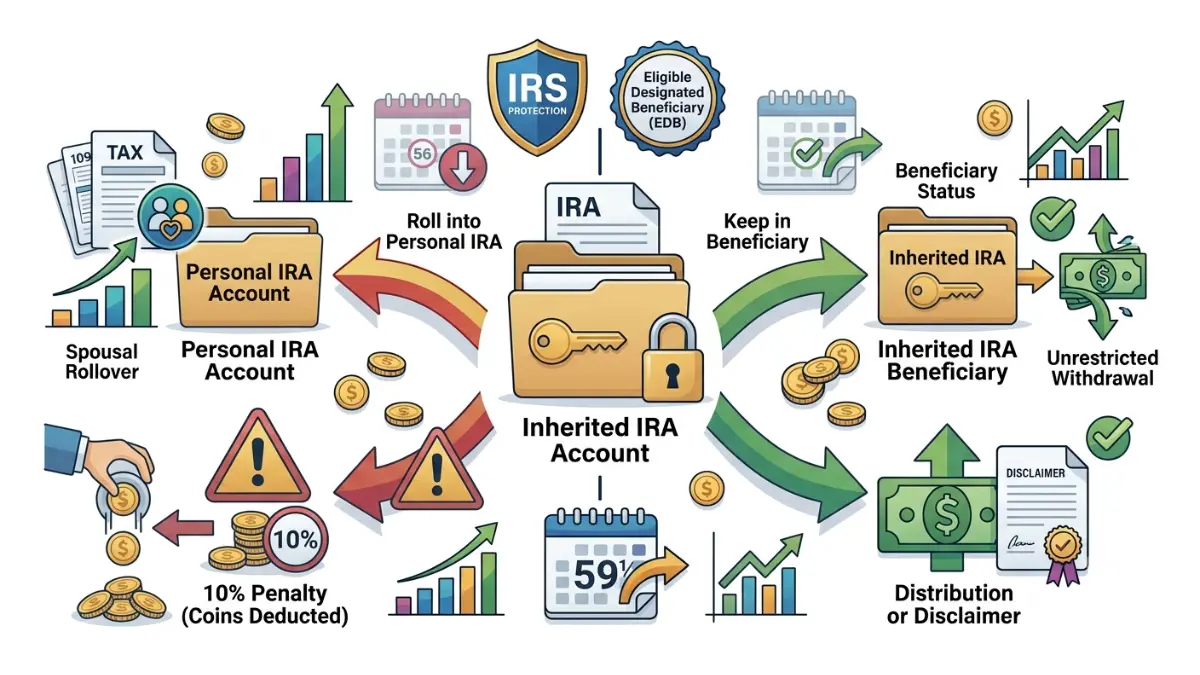 Inherited IRA Spouse Rules explaining why surviving spouses under age 59½ may avoid early withdrawal penalties by keeping the account as an inherited IRA.