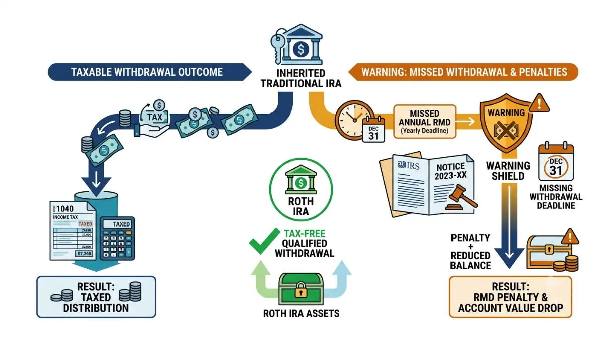 Inherited IRA 10-Year Rule comparison showing traditional IRA taxes, Roth IRA tax-free distributions, and penalties for missed required withdrawals on a pure white background.