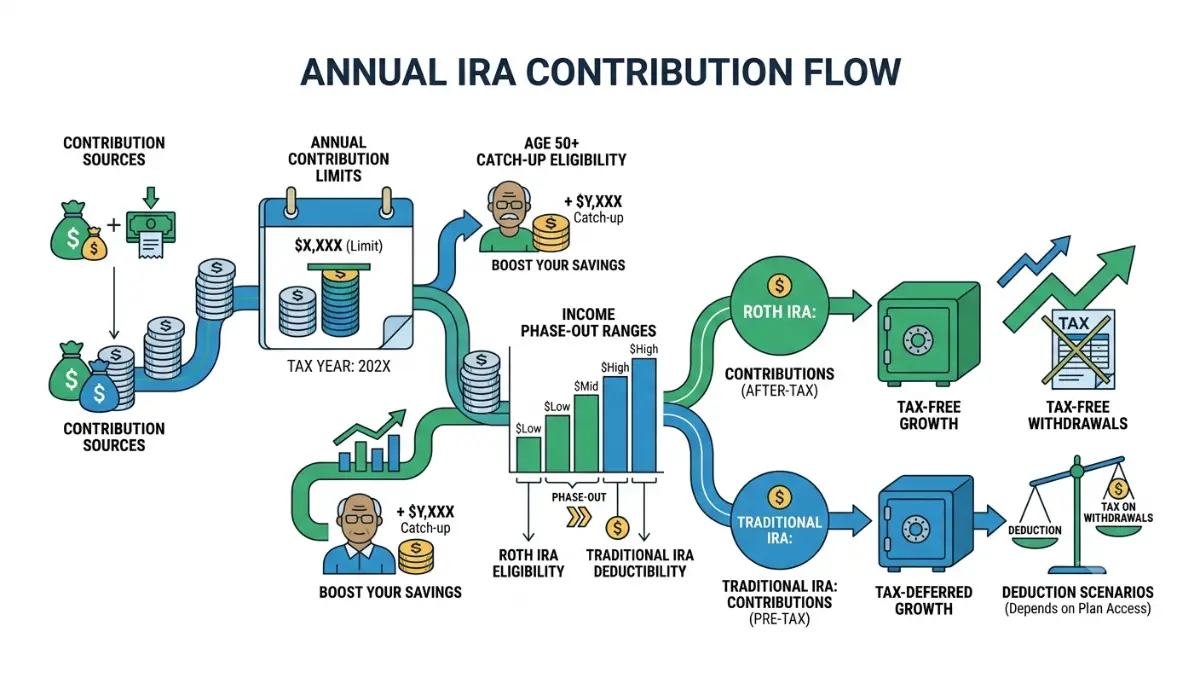 IRA Accounts contribution limits, income eligibility rules, catch-up contributions, and tax planning illustrated visually.