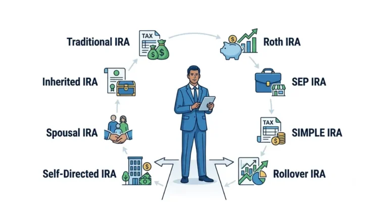 IRA Accounts comparison showing Traditional, Roth, SEP, SIMPLE, Rollover, Self-Directed, Spousal, and Inherited IRA options in a retirement planning overview.