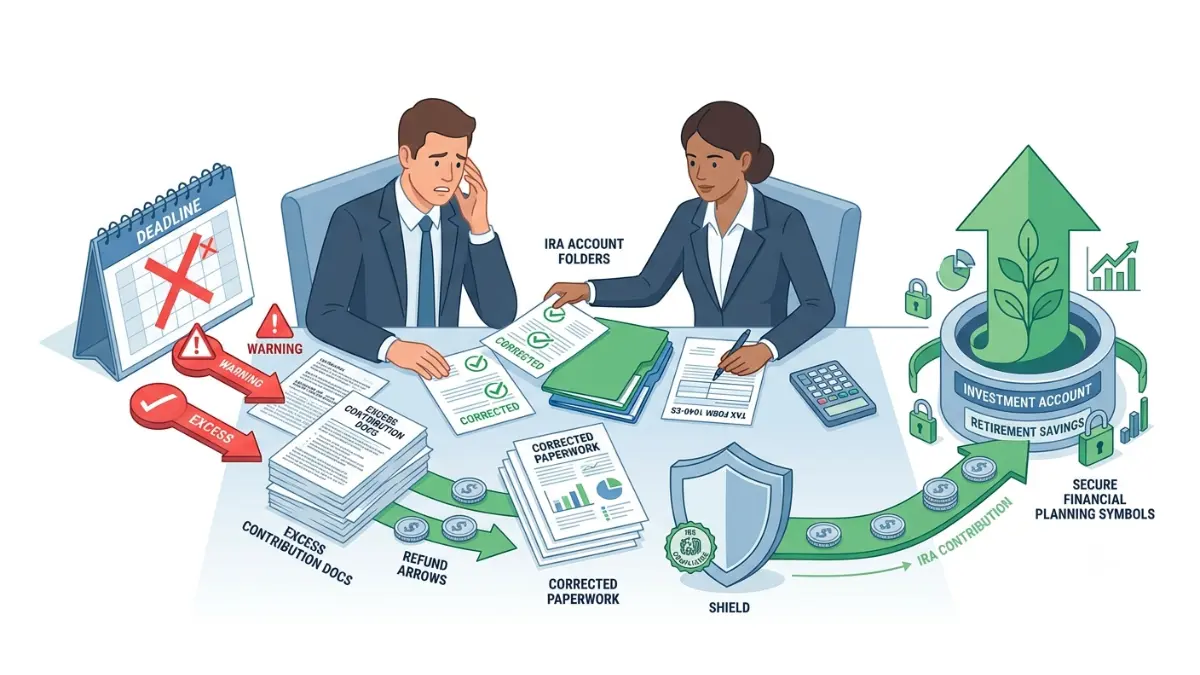 IRA Contribution Deadline showing common IRA contribution mistakes, missed deadlines, excess contributions, and correction process on a white background