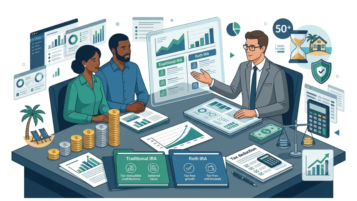 IRA Contribution Deadline explaining 2026 IRA contribution limits, income eligibility, retirement savings, and tax deduction planning on a white background