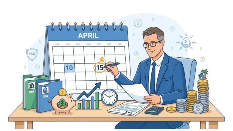 IRA Contribution Deadline illustrated with a retirement savings calendar, IRA account folders, tax documents, investment growth chart, and financial planning concept on a white background
