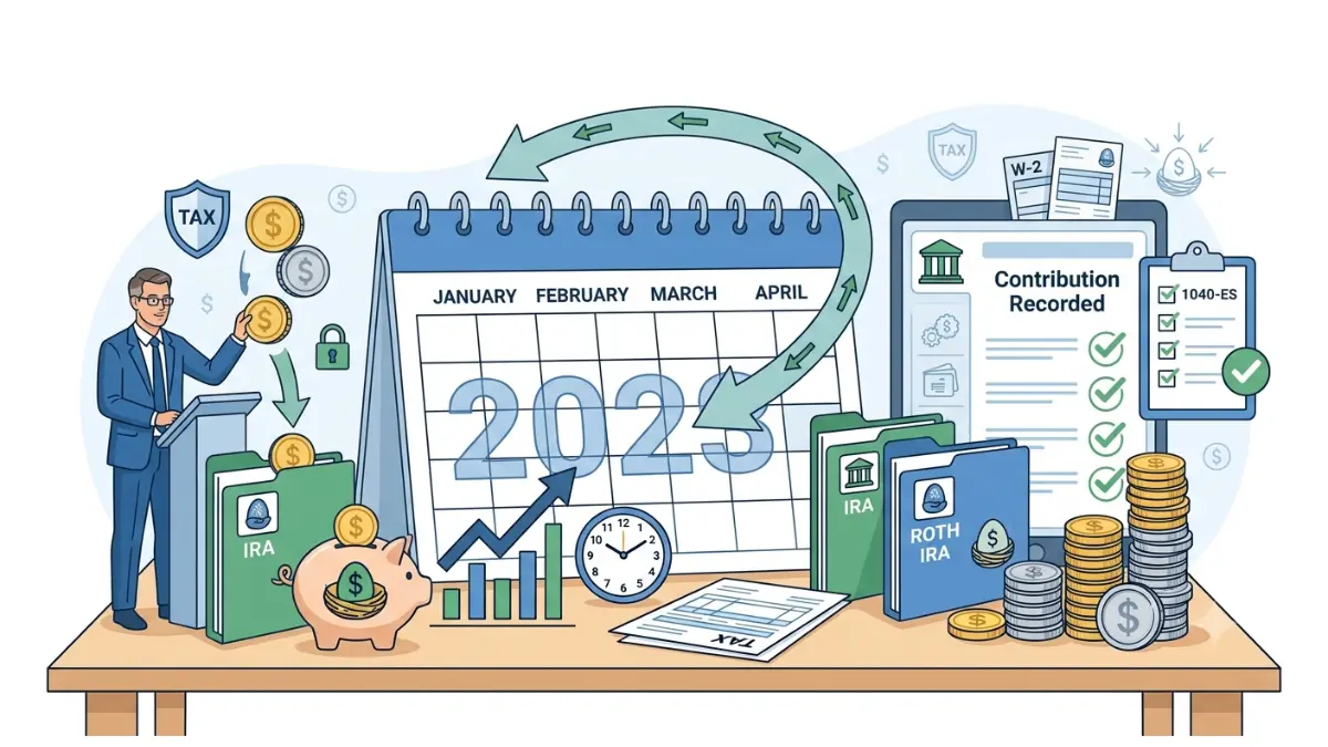 IRA Contribution Deadline showing the prior-year IRA contribution process with contribution timeline, retirement account funding, and tax-year designation on a white background