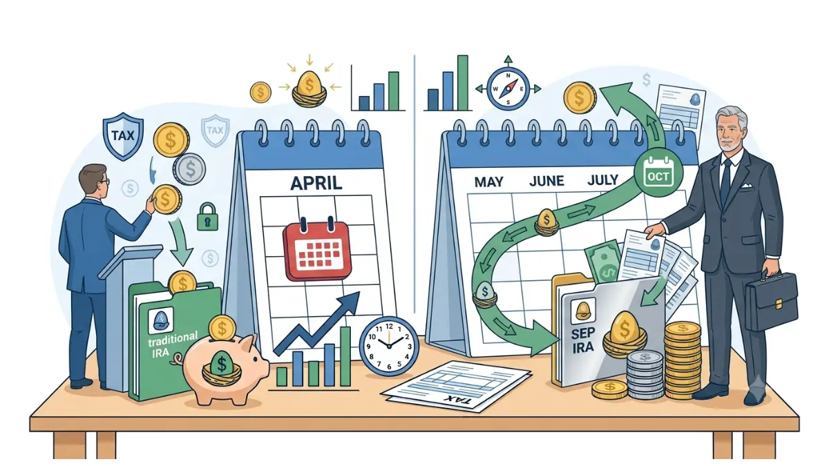 IRA Contribution Deadline comparison between Traditional IRA, Roth IRA, and SEP IRA contribution deadlines using financial timelines on a white background