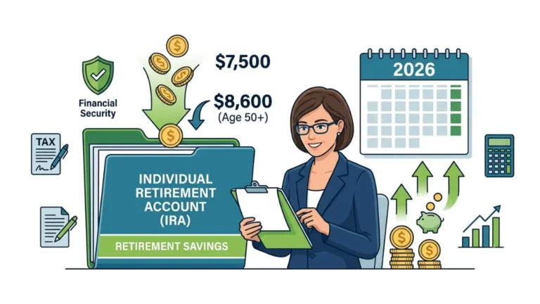 IRA Contribution Limit for 2026 illustrated with updated annual contribution limits of $7,500 for individuals under 50 and $8,600 for savers age 50 and older