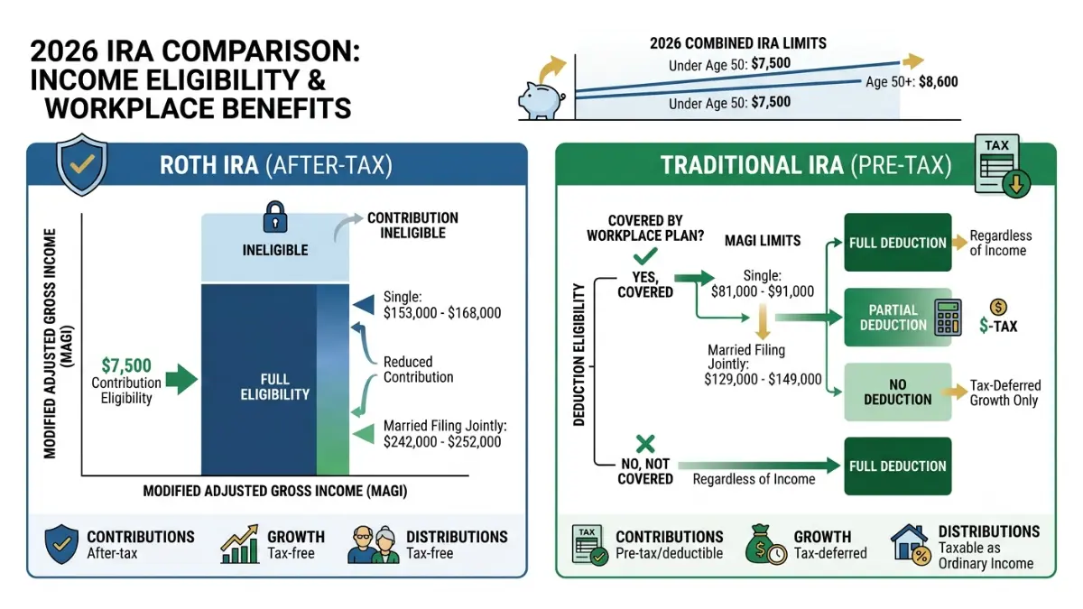 IRA Contribution Limit eligibility explained through Roth IRA income limits and Traditional IRA deduction phase-out comparison