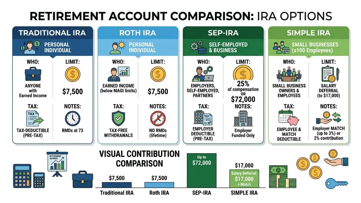IRA Contribution Limit comparison between Traditional IRA, Roth IRA, SEP-IRA, and SIMPLE IRA for self-employed retirement savings