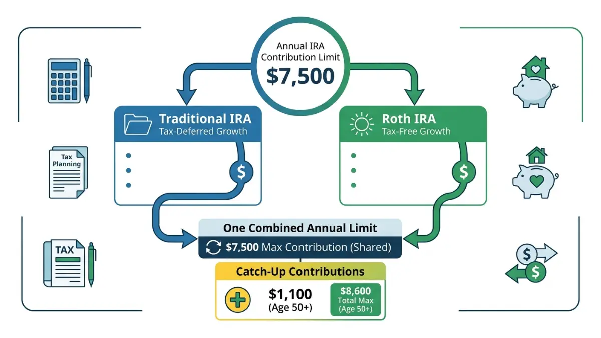 IRA Contribution Limit shared across Traditional IRA and Roth IRA accounts explained with a combined annual contribution illustration