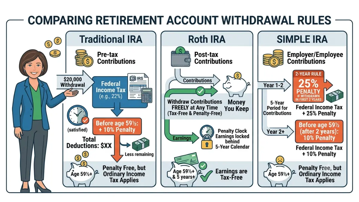 IRA Early Withdrawal Penalty comparison between Traditional IRA, Roth IRA, and SIMPLE IRA withdrawal rules, highlighting different tax treatment and penalty requirements.