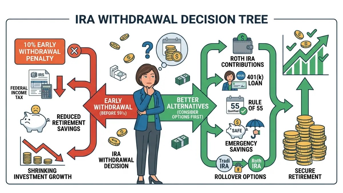 IRA Early Withdrawal Penalty decision tree comparing costly early withdrawals with smarter alternatives like Roth contributions, 401(k) loans, rollover options, and emergency savings.