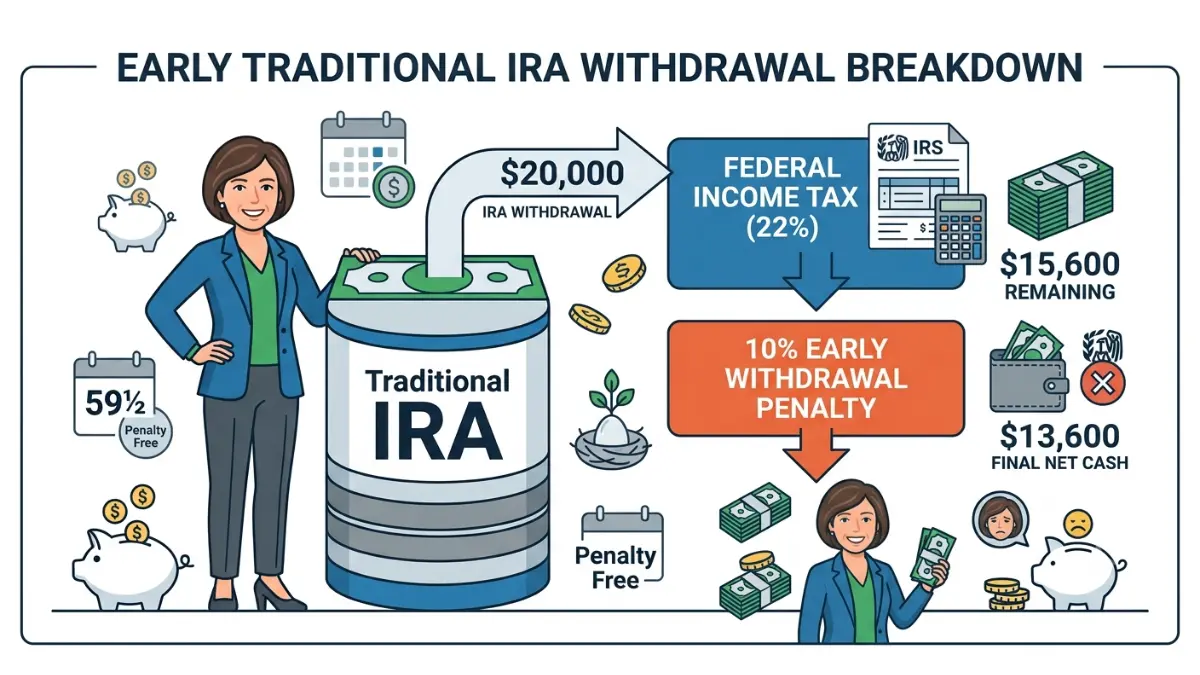 IRA Early Withdrawal Penalty example illustrating how a $20,000 IRA withdrawal is reduced by federal income tax and the 10% penalty, leaving the final net amount.